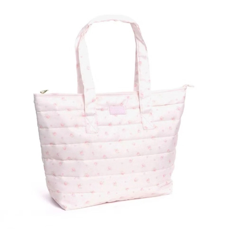 LoveShackFancy x Yoobi Pink Floral Quilted Tote Bag Laptop Sleeve Gold Bow Zip